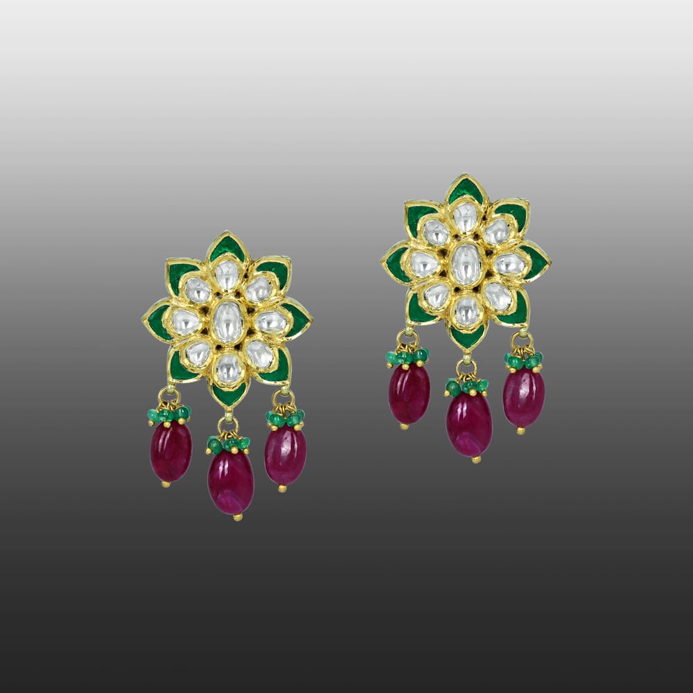 Floral Polki Earrings with Green Enamel and Ruby Drops